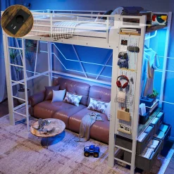 Okwish Lit Mezzanine 90x200 cm - Lit Déco avec Bureau et Rangement - Métal et MDF - Sans Matelas - Blanc