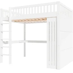 Okwish Lit Mezzanine 140x200 cm - Lit Double avec Bureau, Armoire et Escalier à Rangements Intégrés - Bois Blanc - Sans Matelas
