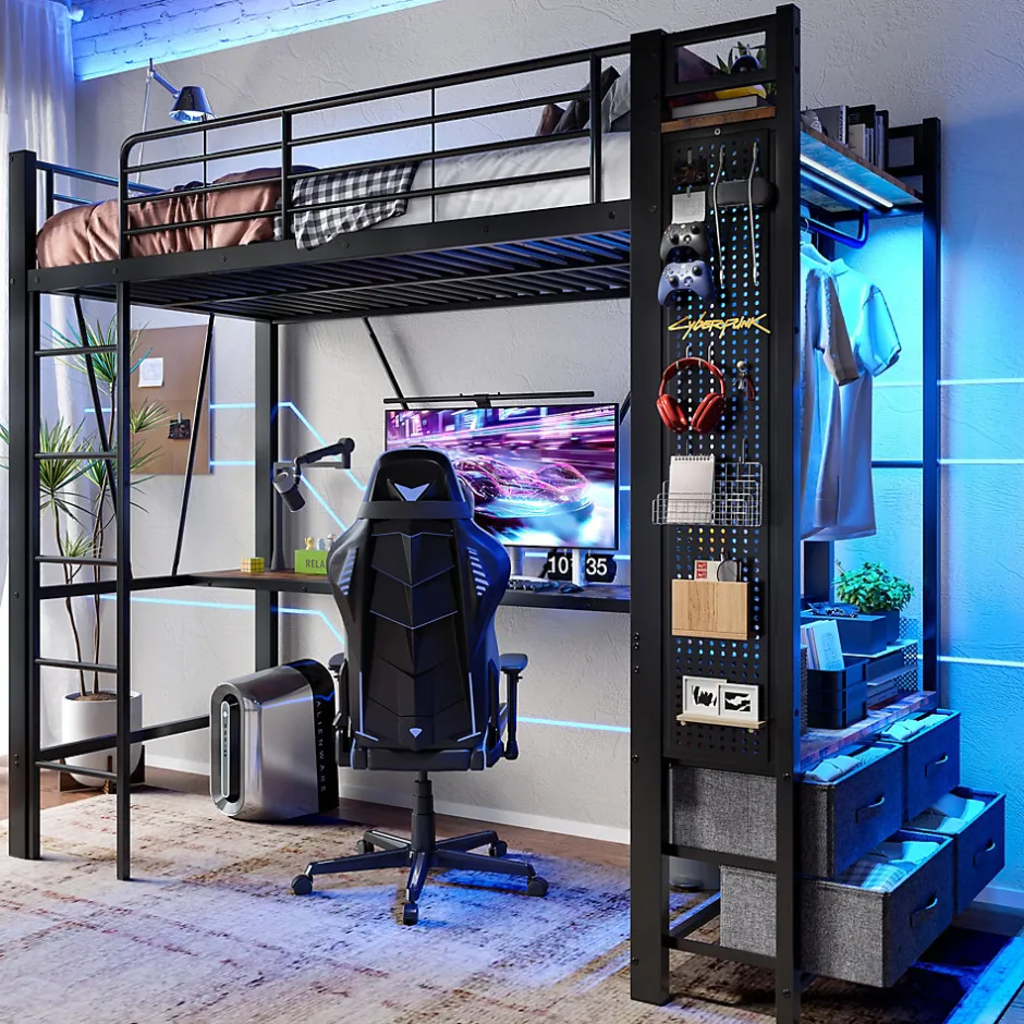 Okwish Lit Mezzanine 90x200 cm - Lit Déco avec Rangement - Métal et MDF - Sans Matelas - Noir