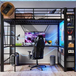 Okwish Lit Mezzanine 90x200 cm - Lit Déco avec Rangement - Métal et MDF - Sans Matelas - Noir