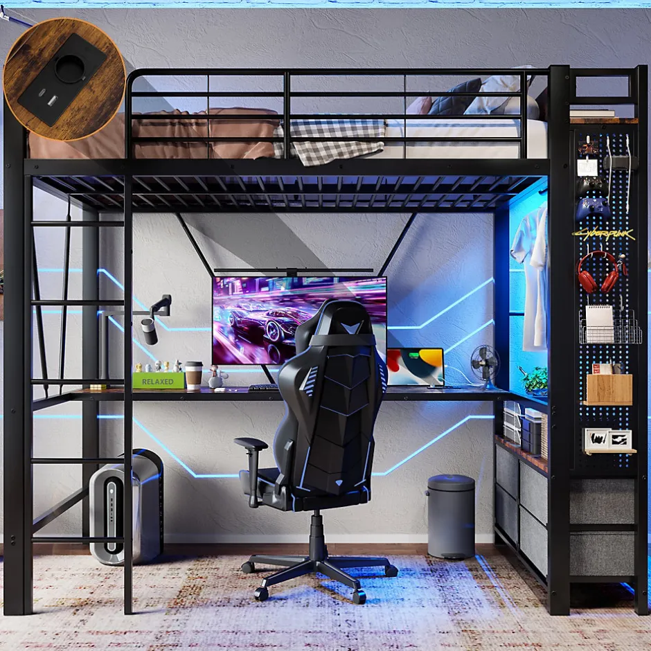 Okwish Lit Mezzanine 90x200 cm - Lit Déco avec Rangement - Métal et MDF - Sans Matelas - Noir