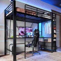 Okwish Lit Mezzanine 90x200 cm - Lit Déco avec Rangement - Métal et MDF - Sans Matelas - Noir