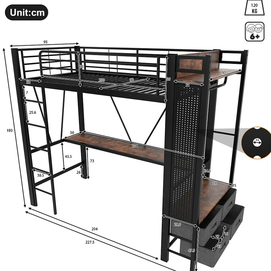 Okwish Lit Mezzanine 90x200 cm - Lit Déco avec Rangement - Métal et MDF - Sans Matelas - Noir
