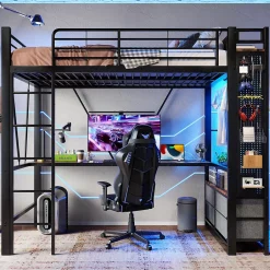 Okwish Lit Mezzanine 90x200 cm - Lit Déco avec Rangement - Métal et MDF - Sans Matelas - Noir