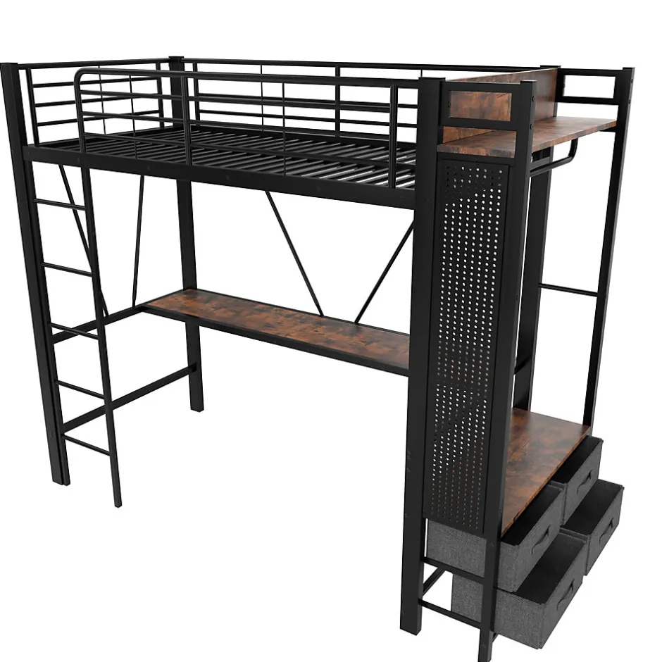 Okwish Lit Mezzanine 90x200 cm - Lit Déco avec Rangement - Métal et MDF - Sans Matelas - Noir