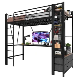 Okwish Lit Mezzanine 90x200 cm - Lit Déco avec Rangement - Métal et MDF - Sans Matelas - Noir