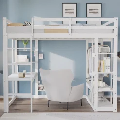 Okwish Lit mezzanine 140x200 cm - Lit double avec bureau intégré, rangements fonctionnels et échelle - Pin et MDF - Blanc
