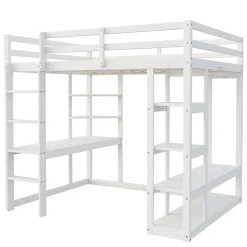 Okwish Lit mezzanine 140x200 cm - Lit double avec bureau intégré, rangements fonctionnels et échelle - Pin et MDF - Blanc