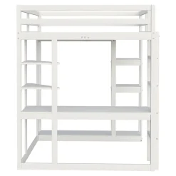 Okwish Lit mezzanine 140x200 cm - Lit double avec bureau intégré, rangements fonctionnels et échelle - Pin et MDF - Blanc