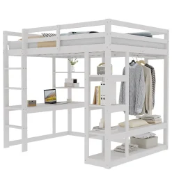 Okwish Lit mezzanine 140x200 cm - Lit double avec bureau intégré, rangements fonctionnels et échelle - Pin et MDF - Blanc