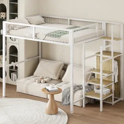 Okwish Lit Mezzanine 140x200 cm - Lit Double avec Rangement et Échelle de Sécurité, Cadre Métal et MDF, Sans Matelas - Blanc