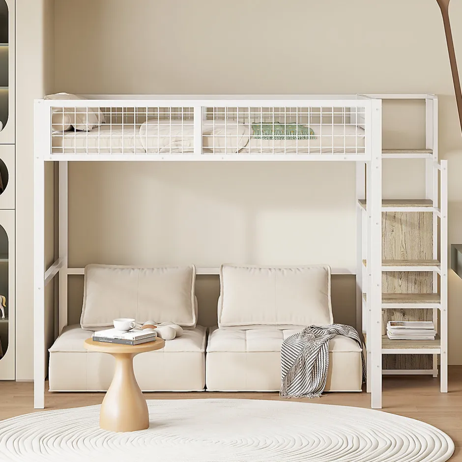Okwish Lit Mezzanine 140x200 cm - Lit Double avec Rangement et Échelle de Sécurité, Cadre Métal et MDF, Sans Matelas - Blanc