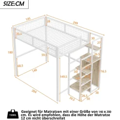Okwish Lit Mezzanine 140x200 cm - Lit Double avec Rangement et Échelle de Sécurité, Cadre Métal et MDF, Sans Matelas - Blanc