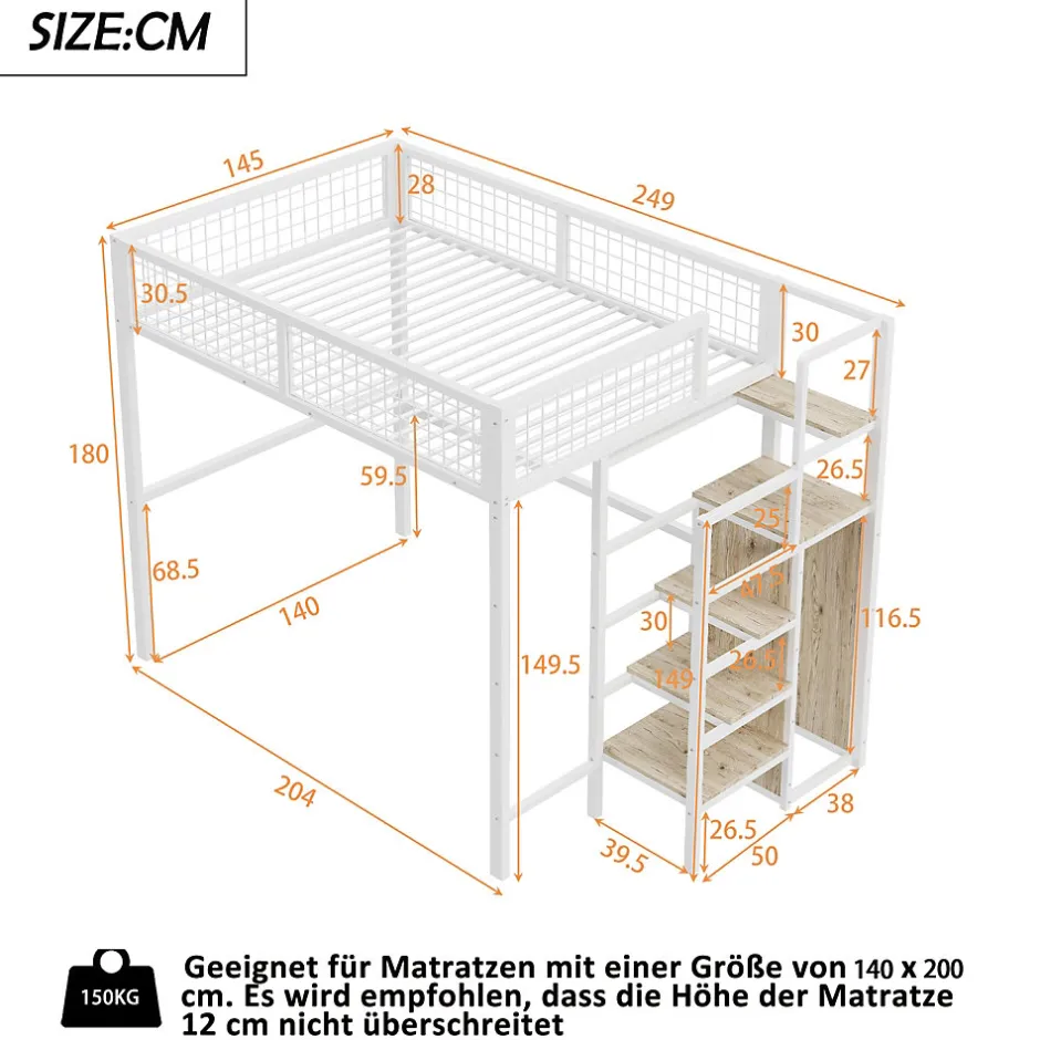 Okwish Lit Mezzanine 140x200 cm - Lit Double avec Rangement et Échelle de Sécurité, Cadre Métal et MDF, Sans Matelas - Blanc