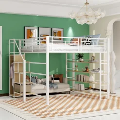 Okwish Lit Mezzanine 140x200 cm - Lit Double avec Escalier de Sécurité et Placard de Rangement, Métal et MDF, Sans Matelas - Blanc