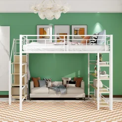 Okwish Lit Mezzanine 140x200 cm - Lit Double avec Escalier de Sécurité et Placard de Rangement, Métal et MDF, Sans Matelas - Blanc