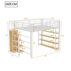 Okwish Lit Mezzanine 140x200 cm - Lit Double avec Escalier de Sécurité et Placard de Rangement, Métal et MDF, Sans Matelas - Blanc