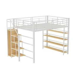Okwish Lit Mezzanine 140x200 cm - Lit Double avec Escalier de Sécurité et Placard de Rangement, Métal et MDF, Sans Matelas - Blanc