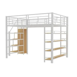 Okwish Lit Mezzanine 140x200 cm - Lit Double avec Escalier de Sécurité et Placard de Rangement, Métal et MDF, Sans Matelas - Blanc