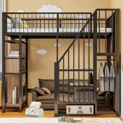 Okwish Lit Mezzanine 90x200 cm - Lit enfant en Métal Noir avec Rangement Intégré, Étagères et Escalier Sécurisé, Sans Matelas