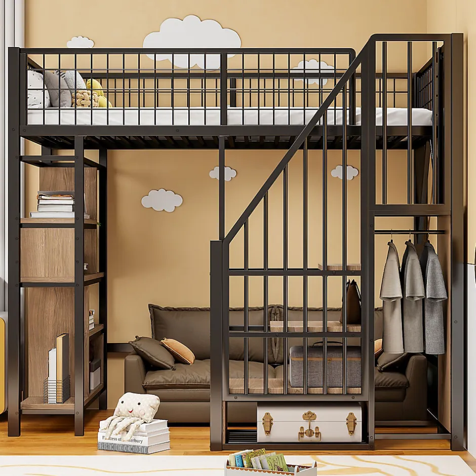 Okwish Lit Mezzanine 90x200 cm - Lit enfant en Métal Noir avec Rangement Intégré, Étagères et Escalier Sécurisé, Sans Matelas