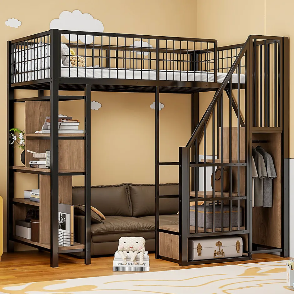 Okwish Lit Mezzanine 90x200 cm - Lit enfant en Métal Noir avec Rangement Intégré, Étagères et Escalier Sécurisé, Sans Matelas