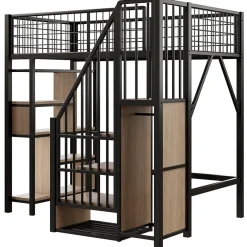 Okwish Lit Mezzanine 90x200 cm - Lit enfant en Métal Noir avec Rangement Intégré, Étagères et Escalier Sécurisé, Sans Matelas