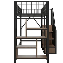 Okwish Lit Mezzanine 90x200 cm - Lit enfant en Métal Noir avec Rangement Intégré, Étagères et Escalier Sécurisé, Sans Matelas