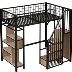 Okwish Lit Mezzanine 90x200 cm - Lit enfant en Métal Noir avec Rangement Intégré, Étagères et Escalier Sécurisé, Sans Matelas