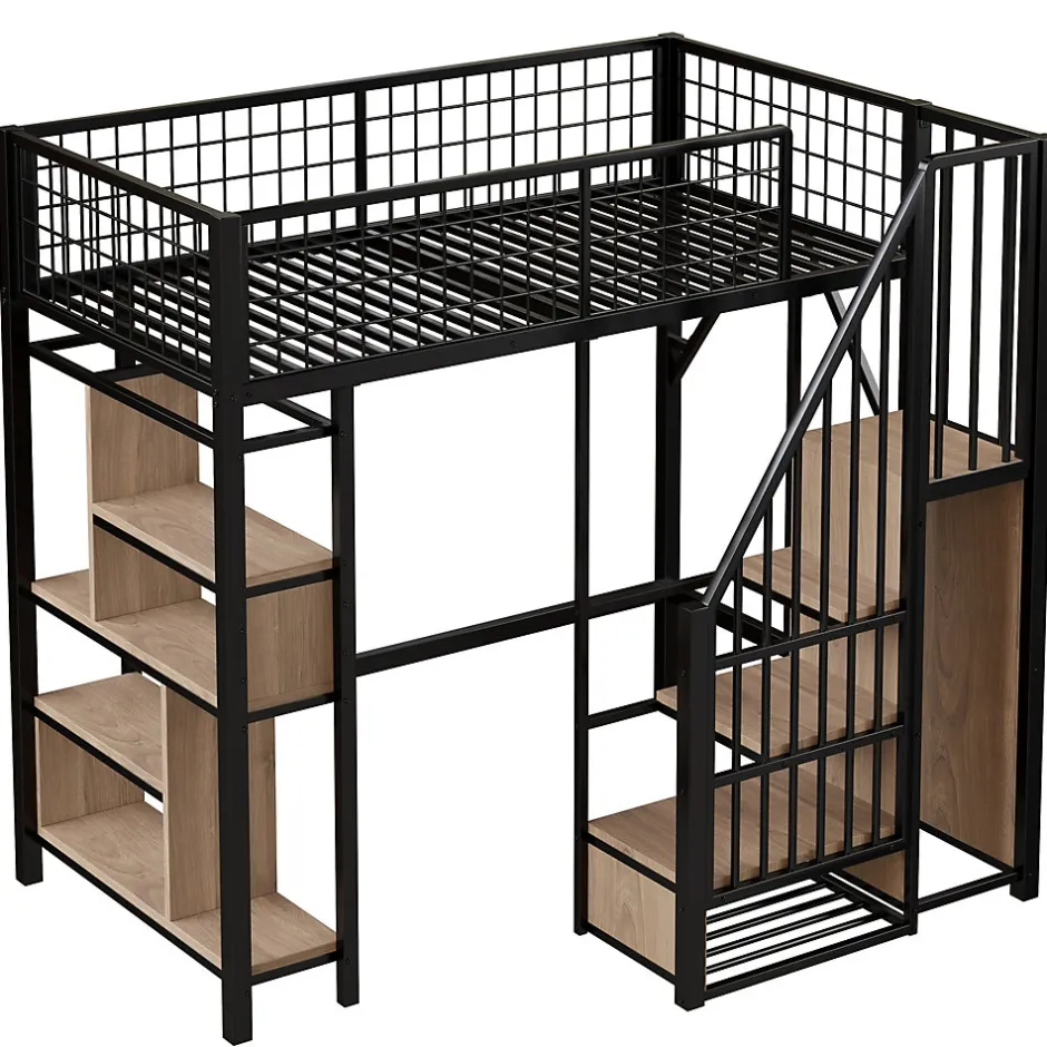 Okwish Lit Mezzanine 90x200 cm - Lit enfant en Métal Noir avec Rangement Intégré, Étagères et Escalier Sécurisé, Sans Matelas