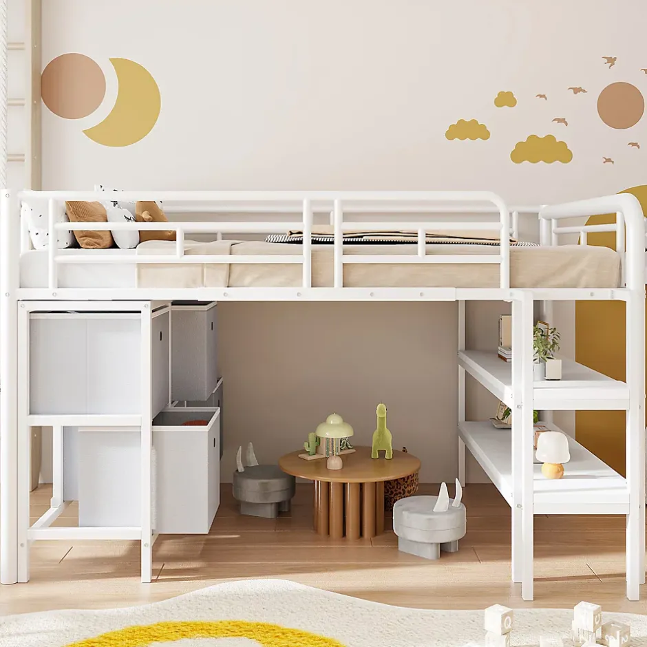 Okwish Lit Mezzanine 90x200 cm - Lit Enfant avec Tiroirs et Étagères, Angles Arrondis - Sans Matelas - Métal et MDF - Blanc Online