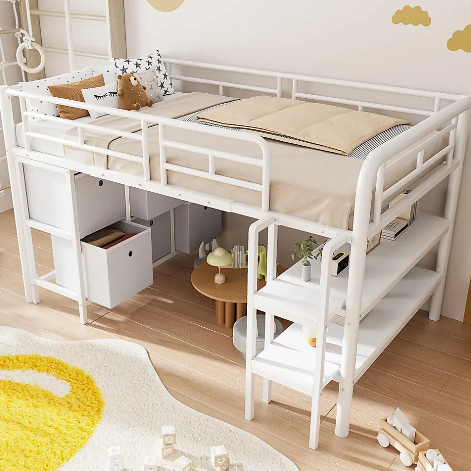 Okwish Lit Mezzanine 90x200 cm - Lit Enfant avec Tiroirs et Étagères, Angles Arrondis - Sans Matelas - Métal et MDF - Blanc Online