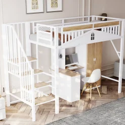 Okwish Lit Mezzanine 90x200 cm - Lit Enfant/Ado avec Escalier de Sécurité, Design Boule et Fenêtre, Métal Blanc
