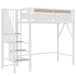 Okwish Lit Mezzanine 90x200 cm - Lit Enfant/Ado avec Escalier de Sécurité, Design Boule et Fenêtre, Métal Blanc