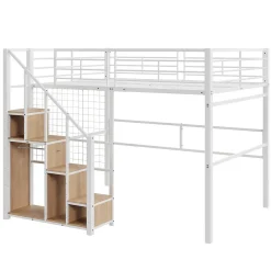 Okwish Lit Mezzanine 140x200 cm - Lit enfant en Métal Blanc avec Échelle de Sécurité et Rangement Intégré, Sans Matelas