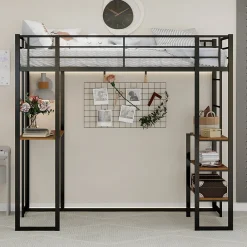 Okwish Lit Mezzanine 90x200 cm - Lit Enfant Metal avec Bureau en L, Garde-Corps et Échelle Réversible, Noir, sans Matelas