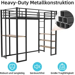 Okwish Lit Mezzanine 90x200 cm - Lit Enfant Metal avec Bureau en L, Garde-Corps et Échelle Réversible, Noir, sans Matelas