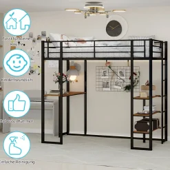 Okwish Lit Mezzanine 90x200 cm - Lit Enfant Metal avec Bureau en L, Garde-Corps et Échelle Réversible, Noir, sans Matelas