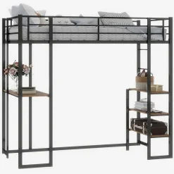 Okwish Lit Mezzanine 90x200 cm - Lit Enfant Metal avec Bureau en L, Garde-Corps et Échelle Réversible, Noir, sans Matelas