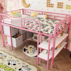 Okwish Lit Mezzanine 90x200 cm - Lit Enfant avec Tiroirs et Étagères, Angles Arrondis - Sans Matelas - Métal et MDF - Rose