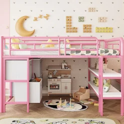 Okwish Lit Mezzanine 90x200 cm - Lit Enfant avec Tiroirs et Étagères, Angles Arrondis - Sans Matelas - Métal et MDF - Rose