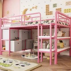 Okwish Lit Mezzanine 90x200 cm - Lit Enfant avec Tiroirs et Étagères, Angles Arrondis - Sans Matelas - Métal et MDF - Rose