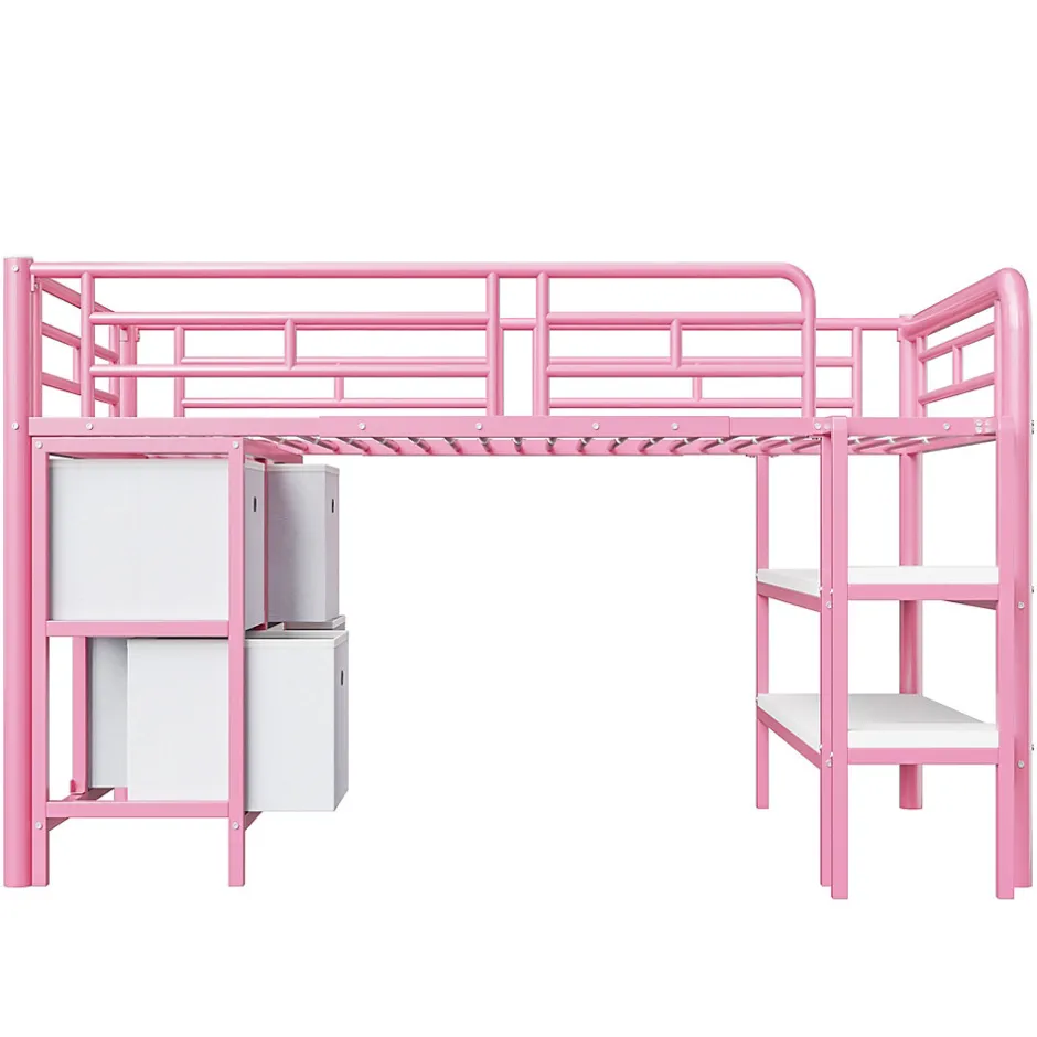 Okwish Lit Mezzanine 90x200 cm - Lit Enfant avec Tiroirs et Étagères, Angles Arrondis - Sans Matelas - Métal et MDF - Rose