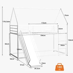 Okwish Lit Mezzanine 90x190 cm - Lit Enfant Simple Style Cabane avec Toboggan et Échelle Sécurisée - en Fer - sans Matelas - Blanc