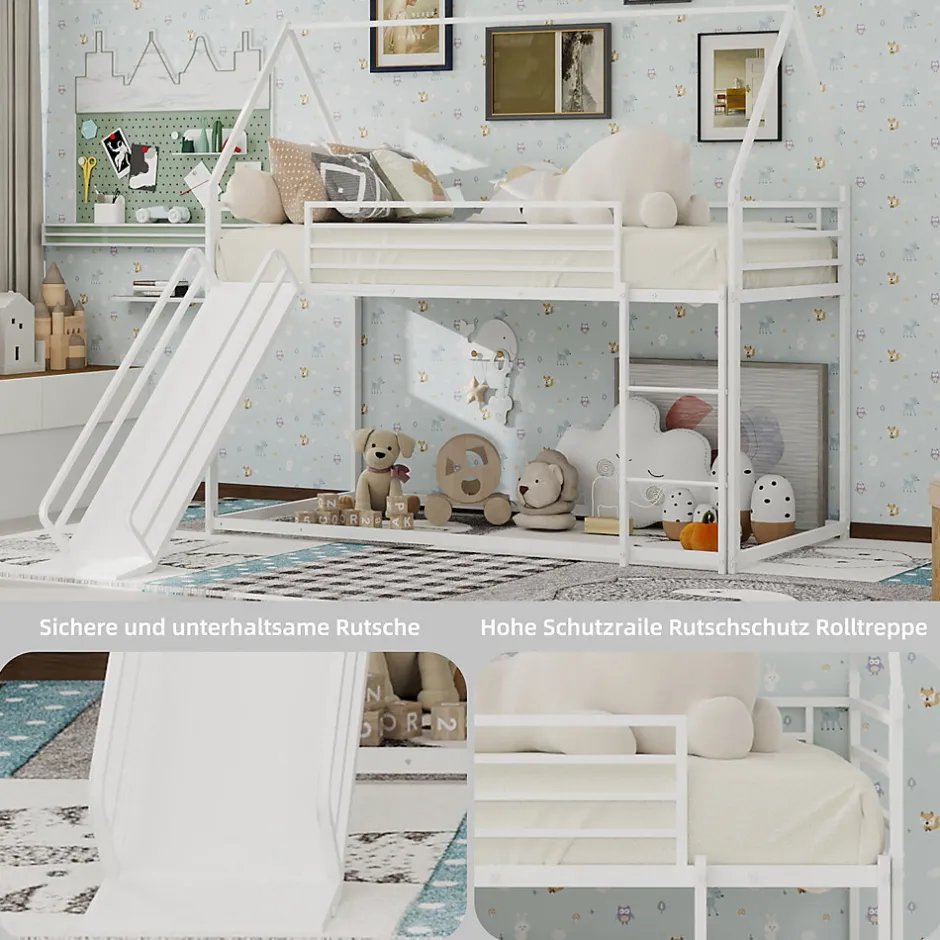 Okwish Lit Mezzanine 90x190 cm - Lit Enfant Simple Style Cabane avec Toboggan et Échelle Sécurisée - en Fer - sans Matelas - Blanc