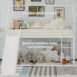 Okwish Lit Mezzanine 90x190 cm - Lit Enfant Simple Style Cabane avec Toboggan et Échelle Sécurisée - en Fer - sans Matelas - Blanc