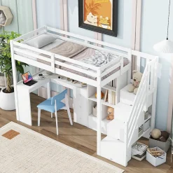 Okwish Lit Mezzanine 90x200 cm - Lit enfant avec Bureau et Rangement, Échelle, MDF - Sans Matelas - Blanc Online