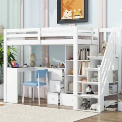 Okwish Lit Mezzanine 90x200 cm - Lit enfant avec Bureau et Rangement, Échelle, MDF - Sans Matelas - Blanc Online
