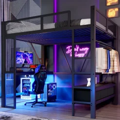 Okwish Lit Mezzanine 140x200 cm - Lit en Métal avec Bureau et Armoire ouverte, Tiroirs de Rangement, LED et USB, Sans Matelas, Noir