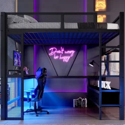 Okwish Lit Mezzanine 140x200 cm - Lit en Métal avec Bureau et Armoire ouverte, Tiroirs de Rangement, LED et USB, Sans Matelas, Noir